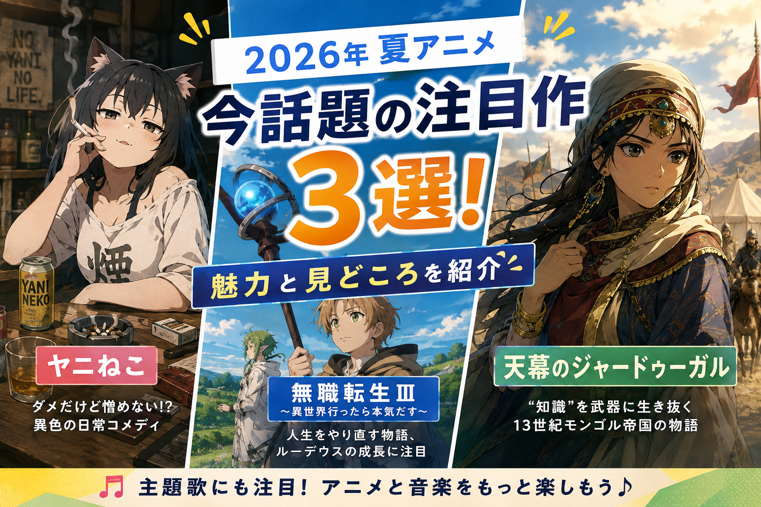 2026年夏アニメ話題の注目作3選『ヤニねこ』『無職転生Ⅲ』『天幕のジャードゥーガル』