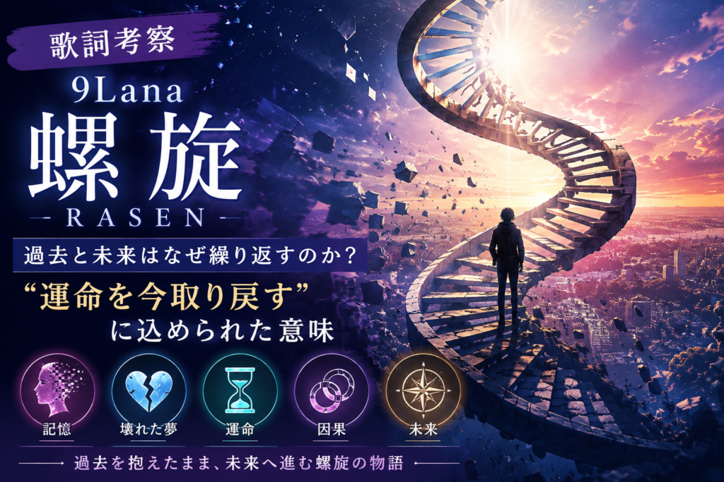 現在の画像: 9Lana「螺旋 - RASEN」の歌詞考察|過去と未来、記憶、夢、運命を描いたイメージ