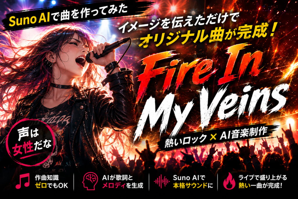 現在の画像: Suno AIで制作したオリジナル曲「Fire In My Veins」をイメージした女性ロックボーカルのアイキャッチ画像