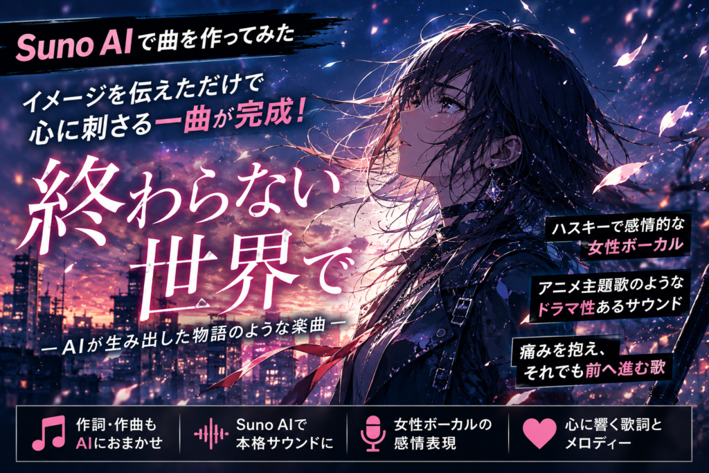 現在の画像: Suno AIで制作したオリジナル曲「終わらない世界で」をイメージした女性ボーカルのアニメ風アイキャッチ画像