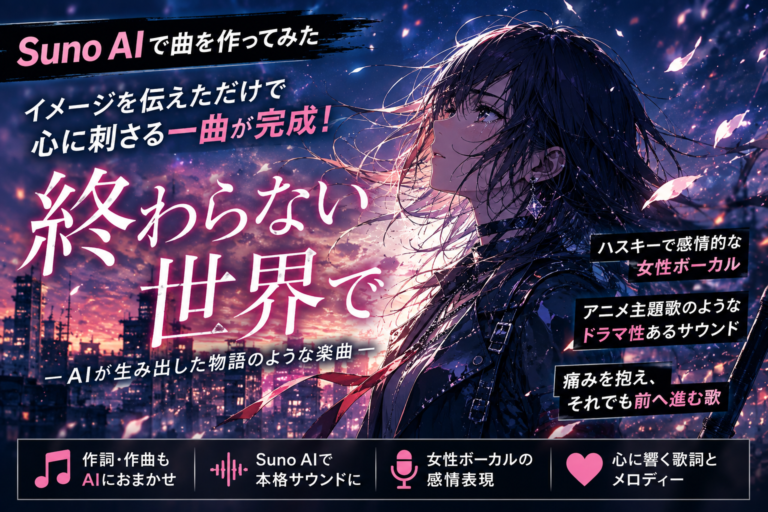 Suno AIで制作したオリジナル曲「終わらない世界で」をイメージした女性ボーカルのアニメ風アイキャッチ画像